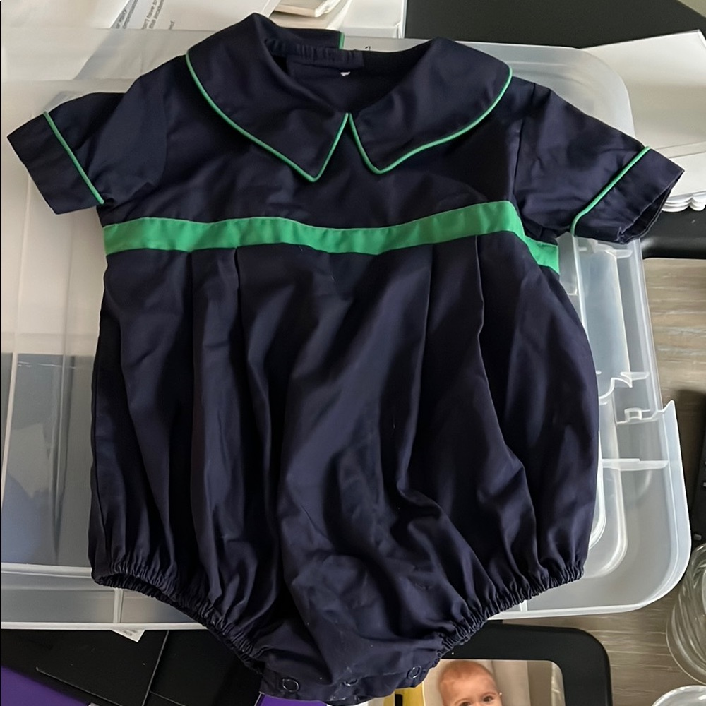 Beaufort Bonnet Company Navy Blue Baby Romper with Green Trim
